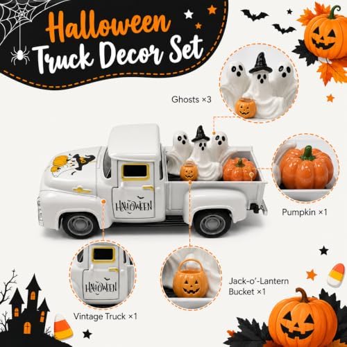 Halloween Vintage Metal Pickup Truck Decor with Ghost and Pumpkin Figurines, 5.7 Inch White Farmhouse Tabletop Decoration, Spooky Halloween Centerpiece for Tiered Tray, Mantel, Shelf and Party - Image 5
