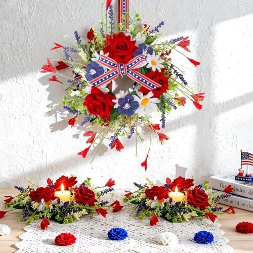 4 Pcs Patriotic Red White Blue Candle Rings, 3 Inch Pillars Candle Wreaths for Veterans Day, 4th of July, Independence Day, American Floral Rings for Table, Window, Door Decor - Image 5