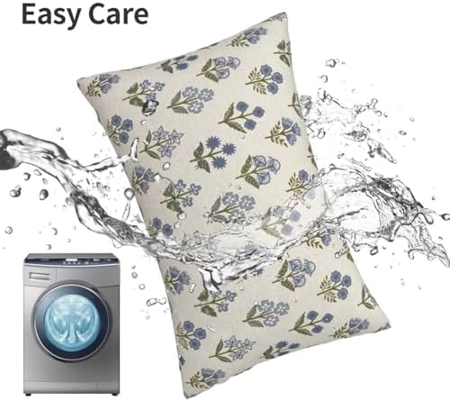 Blue Green Pillow Covers 12x20 Inch 2 Pcs Block Print Vintage Floral Decor Throw Pillows Boho Flower Spring Summer Outdoor Seasonal Decoration Pillowcase Linen Cushion Cover for Couch Sofa - Image 6