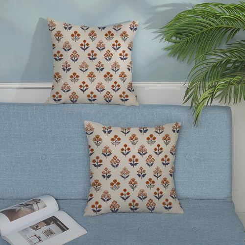 Fall Burnt Orange Blue Pillow Covers 20x20 Inch 2 Pcs Block Print Vintage Floral Decor Throw Pillows Boho Flower Summer Outdoor Seasonal Decoration Pillowcase Linen Cushion Cover for Couch Sofa - Image 3