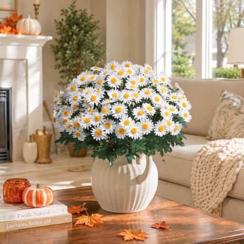 HyeFlora Artificial Fall Faux Mums Flowers Outdoor Plants for Decoration, 6 Bundles Fake Silk White Gerbera Daisy Flowers UV Resistant Look Real for Planter Outside Front Door Porch Patio Balcony - Image 5