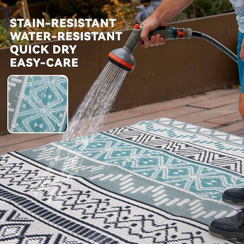 Outdoor Rug 9 x12 ft, Plastic Rug for Patio, Blue & Grey - Image 4