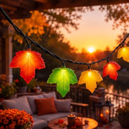 Oviejo Thanksgiving Day Tricolor Maple Leaf String Light with 10 LED Bulbs, 8.5Ft Plug in Multi-Color Fall Lights for Autumn Thanksgiving Day Halloween Christmas Home Decor, Black Wire by Oviejo