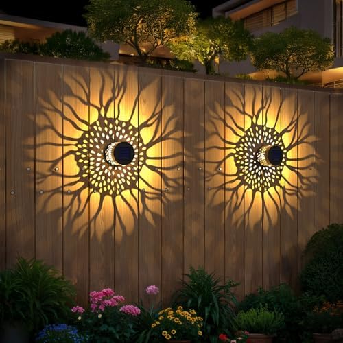 Hapjoy Solar Fence Lights 2 Pack Outdoor Deck Step Wall Lights Metal Waterproof LED Warm Yellow Light for Garden Post Patio Backyard Yard Decor (Sunflower, 2) - Image 2