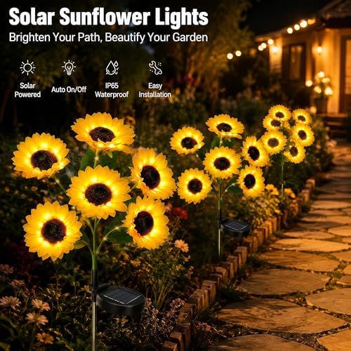 Solar Garden Lights Outdoor, 4 Pack Solar Sunflower Lights with 24 Sunflower, Waterproof Long-Lasting Outdoor Solar Patio Decor Suitable for Yard, Lawn, Pathway, and Backyard Decoration - Image 4