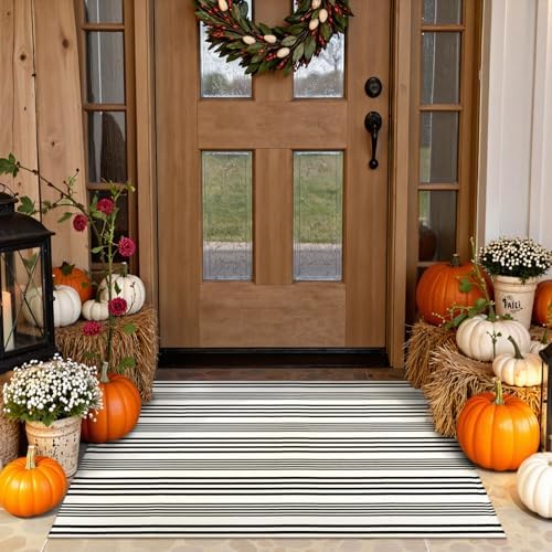 Fall Front Door Mat 2.3'x3.6', Cotton Washable Striped Outdoor Rug by Sungea