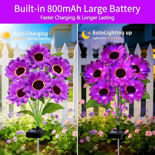 VOOKRY Solar Garden Lights Outdoor, 4 Pack Purple Sunflower Lights with 24 Flowers, Waterproof Summer Garden Decor Solar Flowers for Yard Backyard Patio Flowerbed Yard, Gift for Mom Women - Image 4