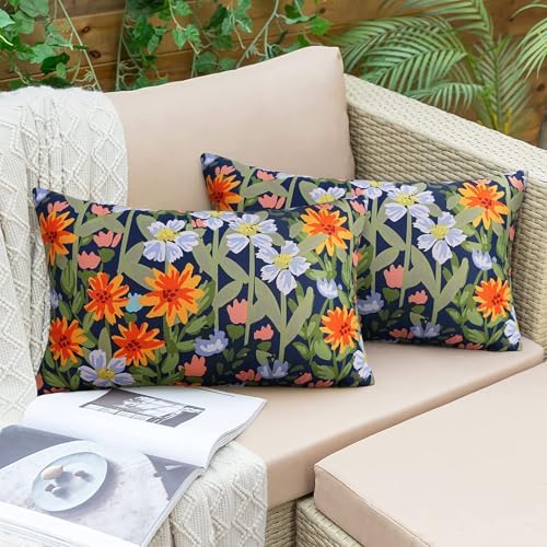 Pyonic Floral Outdoor Lumbar Pillows Covers 12x20 inch Waterproof Spring Summer Decor Outdoor Pillows for Patio Furnture Garden Bench Porch,Navy Blue - Image 5