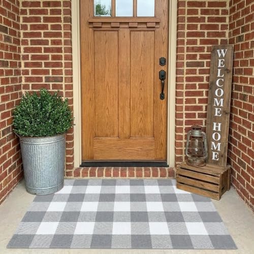 MUBIN Cotton Buffalo Plaid Rug, 27.5x43 Gray White Outdoor Rug Front Door Decorative Mat, Washable Doormat Hand-Woven Foldable Area Rug Layered Door Mats Rug for Front Porch, Entryway, Patio - Image 2