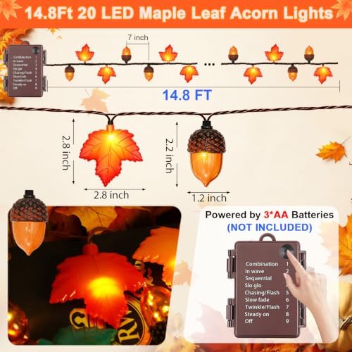 16.4FT Fall Lights Battery Operated, 20 LED Fall String Lights with 3D Acorns and 3D Maple Leaves LED Autumn Lights with Timer 8 Modes for Autumn Thanksgiving Indoor Outdoor Fall Decorations - Image 2