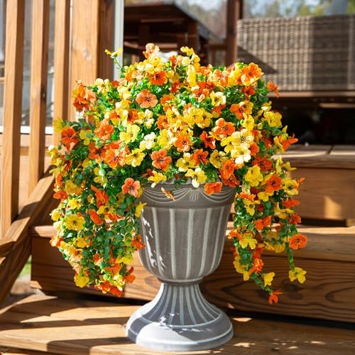 INSPRING Artificial Flowers for Outdoors Fake Mums Hanging Plants Decor, 2Pcs Silk Daisy with Eucalyptus UV Resistant Look Real Trailing Vines for Planter Front Door Patio Yard, OrangeYellow - Image 2