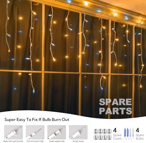 200ct Blue&Clear Mini Icicle Christmas Lights, 23 FT White Wire - Image 5