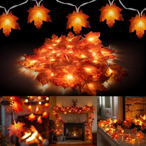 Dazzle Bright 4 Pack Thanksgiving Maple Leaf String Lights, Total 40FT 80 LED Battery Operated Lighted Fall Leaves Garland, Thanksgiving Decorations for Indoor Outdoor Autumn Harvest Decor by DazzleBright