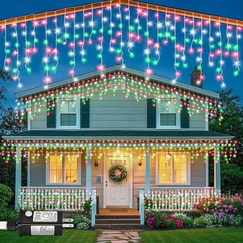 33ft Icicle Lights for Outside, Red White and Green Christmas Lights Outdoor Indoor, 400 LED Twinkle String Light with 75 Drops, Clear Wire Connectable Timer for Thanksgiving Room Home Wall Bedroom by Nielfoi