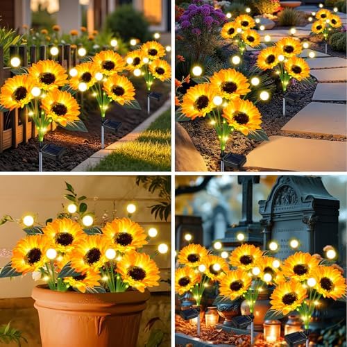 EDOF 6 Pack Sunflower with Firefly Lights,Solar Lights Outdoor Garden Decor - Image 2
