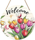 Tulip Welcome Sign for Front Door Decor Spring Flower Wall Hanging Sign Summer Decorations Floral Wooden Wreath Farmhouse Door Hanger Sign for Spring Summer Party Indoor Outdoor Decor 12 Inch by welcometoourhome