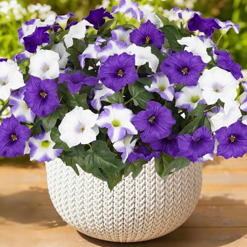 Artificial Flowers for Outdoors, Faux Petunias Spring Summer Decoration, Fake Flowers Plants UV Resistant Look Real Silk Flowers for Outside Planter Front Door Porch Patio Yard (6, Purple-White) by ArtistryThatNeverWithers