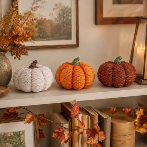 MEETYAMOR Fall Pumpkin Decor, 3 PCS Resin Pumpkins Figurines for Fall Decor, Rustic Knit Textured Pumpkins Fall Decorations for Home, Shelf, Table Centerpieces, Autumn, Thanksgiving Decor - Image 6