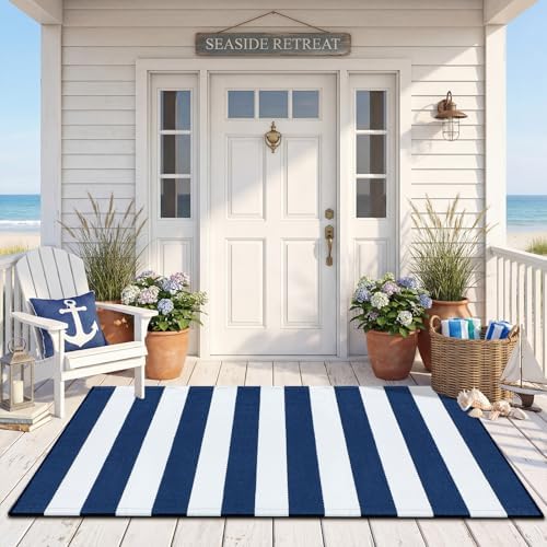 Duraaamo Nautical Navy White Stripe Outdoor Rug 2.3' X 3.6' for Front Porch - Image 6
