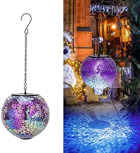 VCUTEKA Hanging Solar Lanterns Mosaic Crackle Glass Solar Lights, Purple by VCUTEKA