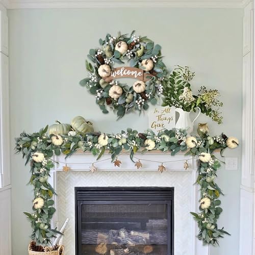70 Inch Fall White Pumpkin Green Leaves Garland for Front Door, Fall Green Leaves Garland with Berries Pinecone Pumpkin for Indoor Outdoor, Fall Home Decor - Image 3