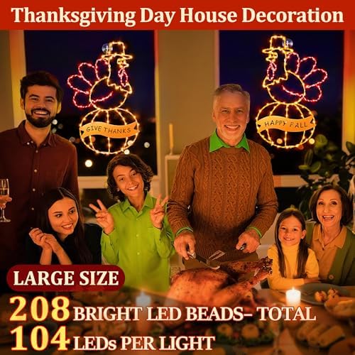 2 Pcs Large Thanksgiving Window Lights Turkey Decorations, Fall Decor Window Lights, LED Turkey Pumpkin Light 2026 Thanksgiving Decor with Timer & 8 Mode & Battery Operated (Yellow Red,17") - Image 4