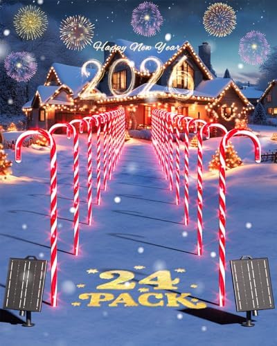 COOLWUFAN 24 Pack 22" Solar Candy Cane Lights Outdoor, 216 Bright LEDs Christmas Pathway Decorations with 4 Brightness Levels, Solar Powered & Waterproof, for Yard Walkway Holiday by COOLWUFAN