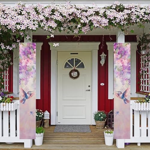 Hummingbird Front Door Hanging Banner Wildflower Spring Porch Sign Hanging Flag Porch Sign for Front Door Outdoor Seasonal Holiday Wedding Yard Decor Farmhouse Indoor Wall Backdrop - Image 2