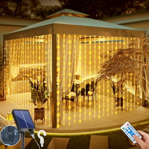 Solar Curtain Lights Outdoor Waterproof 10 * 10Ft 300LED Waterfall Light with 8 Modes Remote Rechargeable Dimmable Hanging Twinkle Fairy String Lights for Outside Christmas Gazebo Party Wedding by QLIRJAD