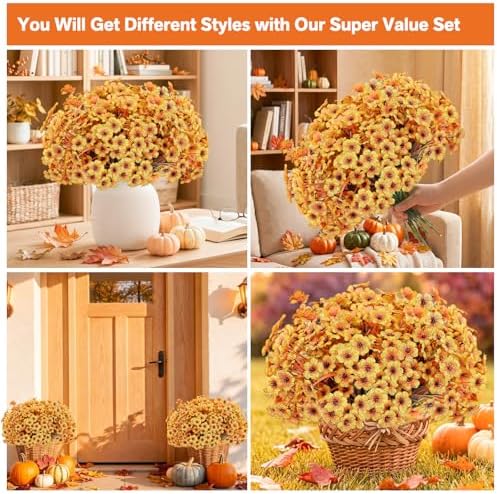 22 Pack Artificial Fall Flowers Mums for Outdoor Indoor(Fall Yellow) - Image 3
