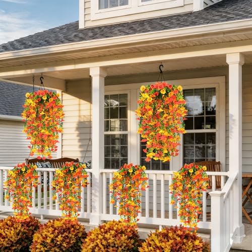 6 Pcs Artificial Hanging Flowers 30 Inch Yellow Orange Morning Glory Vines UV Resistant Fake Hanging Plants Silk Hanging Flowers for Outdoor Fall Autumn Thanksgiving Garden Patio Window Decor - Image 5