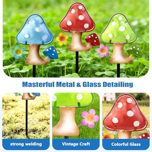 Mushroom Garden Stakes Set of 3 Metal Glass 10" Outdoor Yard Lawn Decor - Image 5