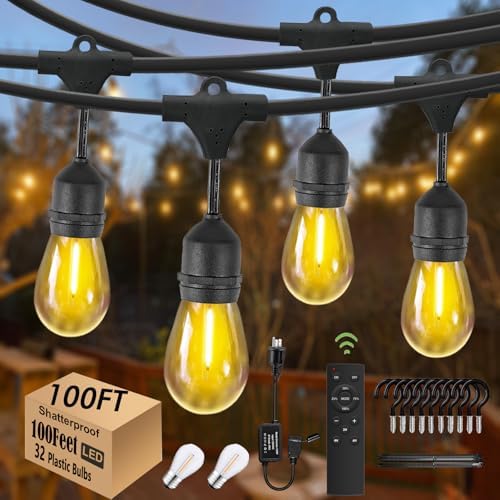 100ft Gazebo Lights with Remote & Dimmer,Patio String Lights with Timer by Skeerei