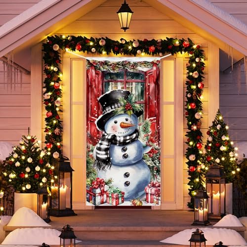 Christmas Door Cover Snowman Decoration Xmas Large Photography Background Banner Porch Sign for Winter Indoor Outside Front Door Banner Farmhouse Party Supplies 6 x 3 Feet - Image 2