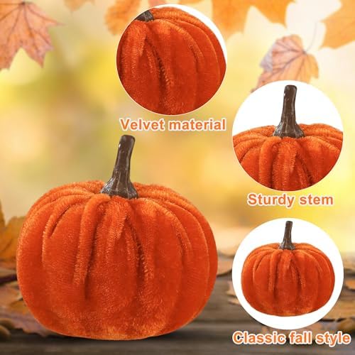 18 Pcs Fall Artificial Velvet Pumpkins Fake Fabric Pumpkin Faux Foam Pumpkins Orange Yellow White Artificial Pumpkin Decorations for Fall Harvest Thanksgiving Halloween Farmhouse Table Centerpiece - Image 3