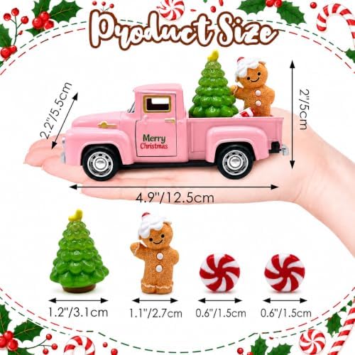 Pink Christmas Truck Decor with Gingerbread Man, Mini Vintage Pickup with Tree and Peppermint Candy, Farmhouse Tabletop Decoration for Tiered Tray, Mantel, Shelf and Coffee Bar, 1 Set - Image 3