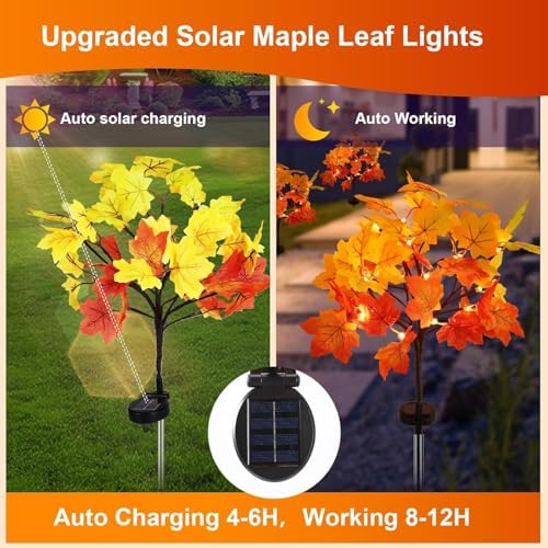 6Pack Fall Solar Lights Outdoor Decorative, Waterproof 120Led Orange Fall Lights with 240 Maple Leaves Path Lights, Solar Lights for Fall Autumn Patio Garden Halloween Thanksgiving Decorations - Image 4