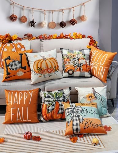 multiwins Fall Decorations Set of 4 Double-Sided Print Pillow Covers 16" x 16", with 8 Cute Fall Decor Patterns, Soft Linen Throw Pillow Covers for Outdoor & Indoor Use, Perfect for Thanksgiving - Image 6