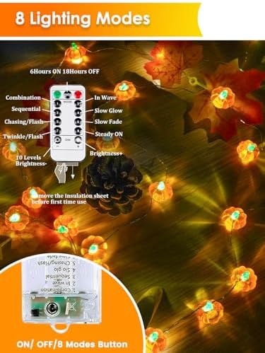 2 Pack 30LED Pumpkin Fall Decorations String Lights Battery Operated Remote - Image 2
