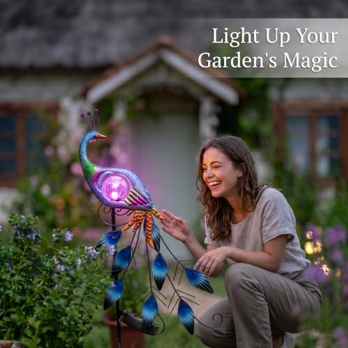 TERESA'S COLLECTIONS Yard Decorations Outdoor for Garden Decor, Peacock Solar Outdoor Lights, 35.4'' Metal Lawn Ornaments for Outside with Crackle Glass Ball, Decorative Stake Gifts for Mom - Image 3