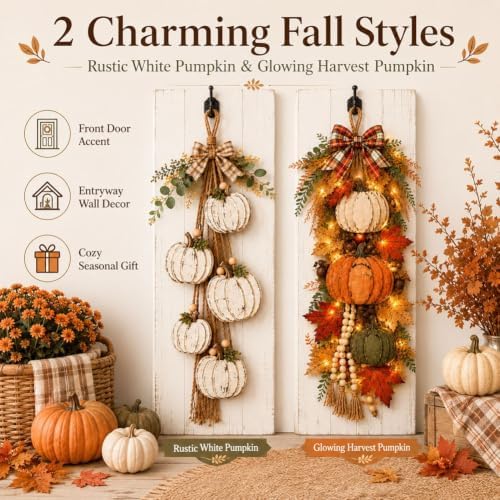 Rustic Wooden Pumpkin Door Hanging with Warm LED Lights, Rustic White Pumpkin Hanging Swag, Fall Decor Gift, Glowing Wreath, Farmhouse Porch Front Door Decoration Home(Orange with Light) - Image 2