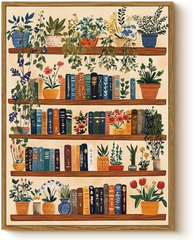 Vintage Botanical Book Shelf Framed Canvas Wall Art, 12x16 Colorful Plants Books Painting, Retro Library Reading Gift, Modern Home Décor for Living Room Study Office by WHASAYART