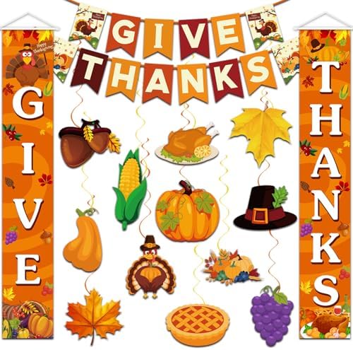 Thanksgiving Decorations Pre-Assembled GIVE THANKS Banner Hanging Swirls Porch Door Sign for Fall friendsgiving Party Home Office Classroom School Indoor outdoor Decor by Antenda