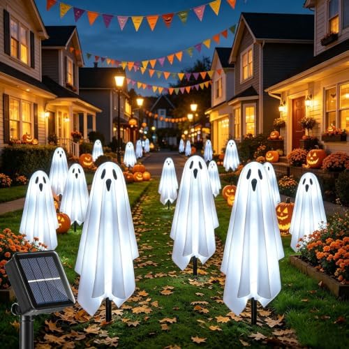 Solar Ghost Lights for Outdoor Halloween Decoration, Set of 6 Scary Spooky Pathway Lights for Trick or Treat Outside Garden Grave Lawn Porch Yard Halloween Party Decor, Cool White - Image 4