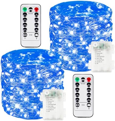 2 Pack 100 LED Fairy Lights Battery Operated with Remote Timer, 33 FT Blue by BOSSERN