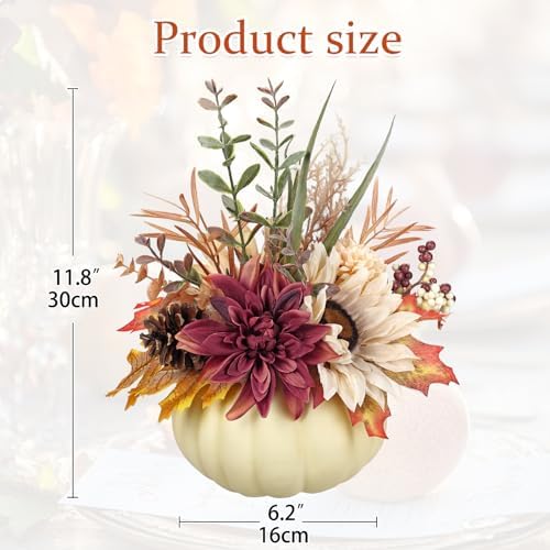 Artificial Pumpkin Fall Décor - Autumn Table Centerpieces with Beige Faux Flowers, Maple Leaves, Sunflowers, Pumpkin – Halloween, Thanksgiving & Harvest Home Decoration - Image 2
