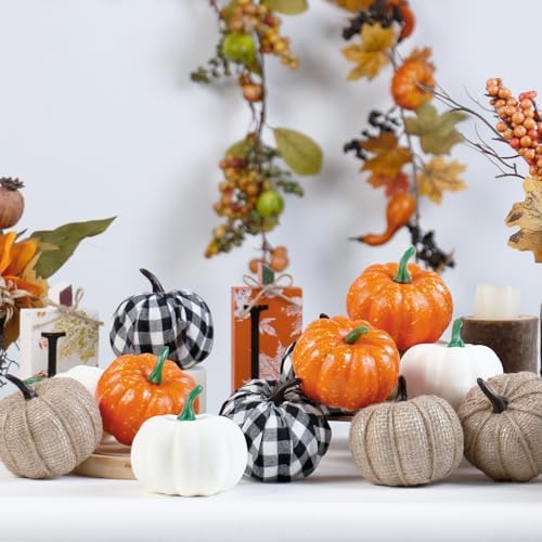 Super Holiday 12PCS Artificial Pumpkins, 4 Colors Foam Faux Pumpkins Decoration for Fall Harvest Theme Party Wedding Halloween Thanksgiving Table Decor. - Image 3