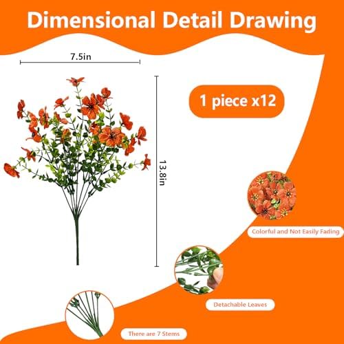 12 Bundles Artificial Flowers for Spring Summer Outdoor Decoration Fake Flowers uv Resistant Artificial Outside Flowers Faux Greenery for Porch Garden Home Patio Valentine's Day Decor (Orange) - Image 5