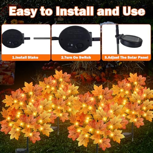 TORONTOKYO 2 Pack Fall Solar Outdoor Lights, Fall Decor 40 LED Maple Leaves Solar Stake Light with 8 Modes, Waterproof Fall Garden Lights Thanksgiving Decorations for Autumn Yard Pathway Outside - Image 4