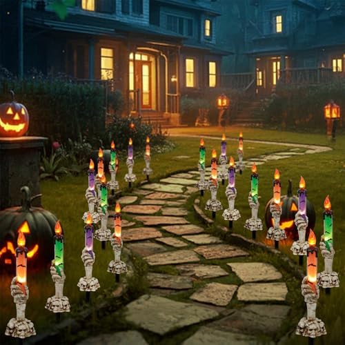 WATERGLIDE Halloween Decoration Candle Light Stakes, 10 Pack Skeleton Hands Hold Lighted Candle Pathway Makers, Waterproof Battery Operated with Timer, Light Up Figurine for Outdoor Holiday Party - Image 5